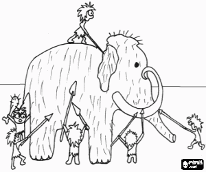 Colorear Grupo de hombres prehist�ricos armados con lanzas en la cacer�a de un mamut
