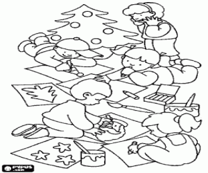 Colorear Grupo de ni�os y ni�as dibujando y pintando la Navidad
