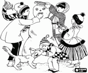 Colorear Grupo de ni�os y un perrito jugando a hacer un mu�eco de nieve