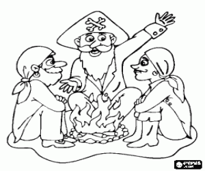 Colorear Grupo de piratas reunidos alrededor de un fuego