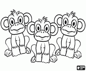 Colorear Grupo de tres monitos con los ojos y las orejas bien abiertas