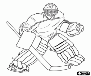 Colorear Guardamenta o portero de hockey sobre hielo con el stick, el casco y todas las protecciones durante el calentamiento de un partido de hockey sobre hielo
