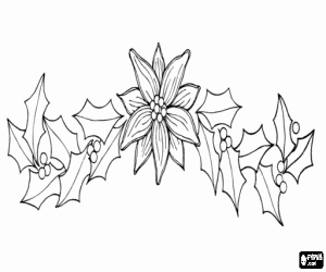 Colorear Guirnalda de Navidad formada por una poinsetia y unas hojas de acebo
