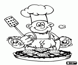 Colorear Hamburguesas preparadas a la barbacoa, cocinero y comensales con cara de hambrientos