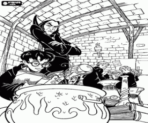 Colorear Harry Potter y sus amigos en la clase de Lord Voldemort en Hogwarts