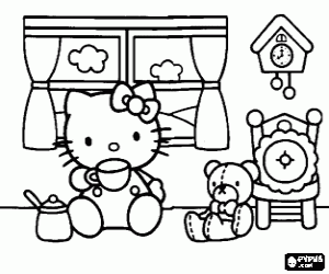 Colorear Hello Kitty bebiendo con una taza frente a la ventana con su osito de peluche Tiny Chum