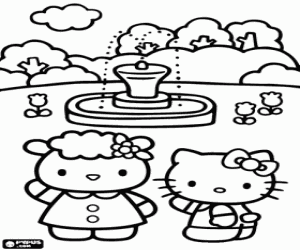 Colorear Hello Kitty con su amiga Fifi delante de una bonita fuente en el parque