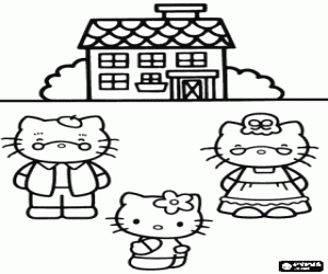 Colorear Hello Kitty con sus abuelos delante de casa