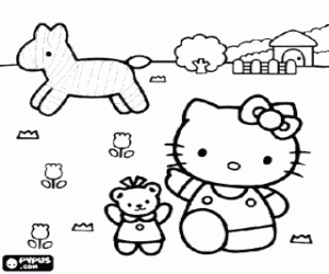 Colorear Hello Kitty en el campo con un caballo y una granja al fondo
