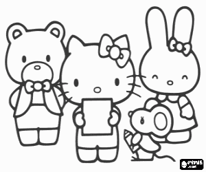 Colorear Hello Kitty en el colegio con sus amigos Cathy, Tippy y Joey
