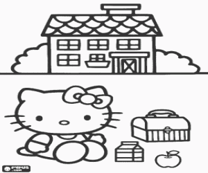 Colorear Hello Kitty frente a su casa con su merienda