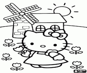 Colorear Hello Kitty recoge amapolas mientras pasea por delante de un molino en el campo
