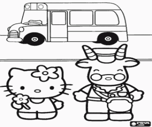 Colorear Hello Kitty y el chofer o conductor del autocar escolar de pi� delante del veh�culo