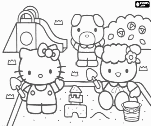 Colorear Hello Kitty y sus amigos Fifi y el perrito Jody jugando en el parque