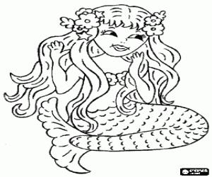 Colorear Hermosa sirena con flores adornando el pelo