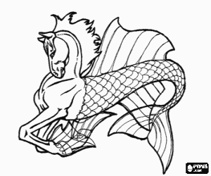 Colorear Hipocampo o caballo de mar - Animal con la cabeza, el torso y las patas delanteras de caballo y la parte trasera de un gran pez