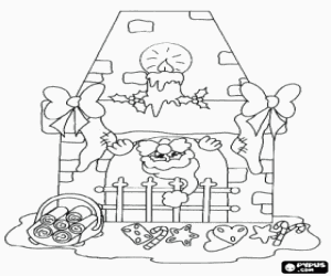 Colorear Hogar o chimenea adornada durante la noche de Navidad con Pap� Noel asomando la cabeza