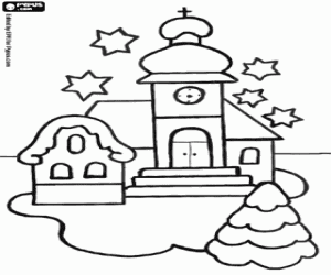 Colorear Iglesia en Navidad con el abeto bajo las estrellas