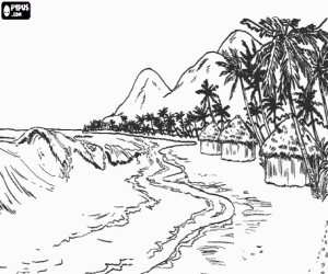 Colorear Imagen  de costa tropical con caba�as, palmeras y fuertes olas
