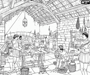 Colorear Imagen de la cocina de un castillo o palacio con los sirvientes preparando la comida