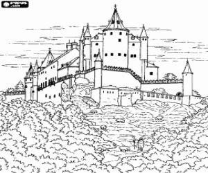 Colorear Inmenso castillo rodeado de bosque y con un pastor con sus ovejas cerca de las murallas