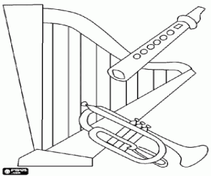 Colorear Instrumentos musicales: un arpa, una trompeta y una flauta