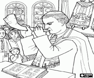 Colorear Interior de una sinagoga durante una celebraci�n religiosa con el rabino en primer plano
