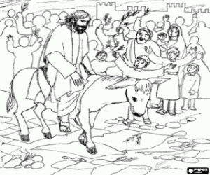 Colorear Jes�s de Nazaret a lomos de un asno y recibido por una multitud a la entrada de Jerusal�n