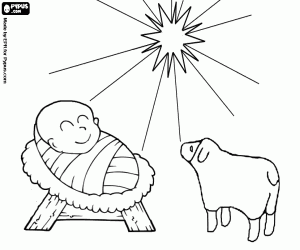 Colorear Jes�s en el pesebre acompa�ado por un corderito bajo la Estrella de Bel�n