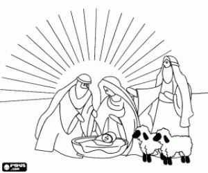 Colorear Jes�s en el pesebre junto con Jos�, Maria y un pastor con sus ovejas