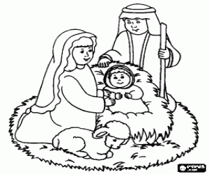 Colorear Jes�s, Maria y Jos� en el pesebre al lado de un corderito