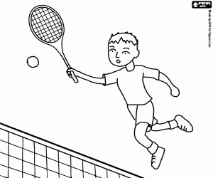 Colorear Jugador de tenis en movimiento hacia la red para realizar un golpe de volea 