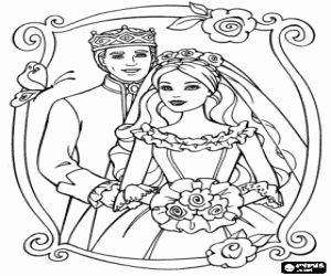 Colorear Ken y Barbie en un bonito retrato enmarcado del d�a de su boda