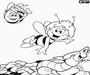 Colorear La abeja Maya y su amigo Willi volando sobre las flores