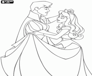 Colorear La bella durmiente, la Princesa Aurora, bailando con su amado, el Pr�ncipe Felipe