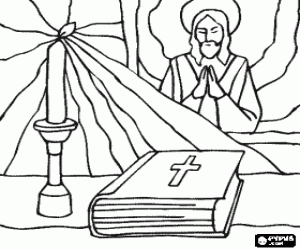 Colorear La Biblia y una vela encendida sobre el altar con una imagen de Jes�s en el fondo