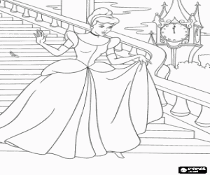 Colorear La Cenicienta bajando las escaleras de palacio rapidamente y perdiendo un zapatito de cristal mientras tocan las campanas de medianoche