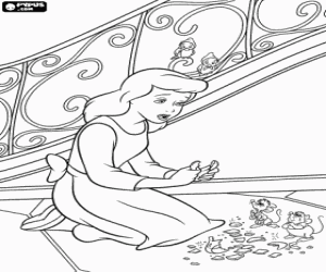 Colorear La Cenicienta desconsolada con los pedazos del zapatito de cristal y sus amigos, los ratoncitos Gus y Jaq