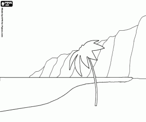 Colorear La costa con la playa y una palmera en primer plano y los acantilados al fondo