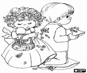 Colorear La Dama de Honor lanzando p�talos de rosa y el ni�o Paje con los anillos