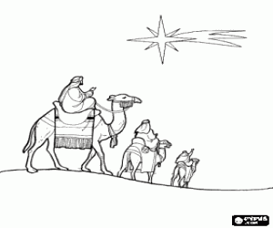 Colorear La Estrella de Navidad guiando a los tres Reyes Magos en su camino hacia Bel�n