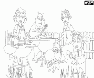 Colorear La familia de Planet 51 sorprendida por la presencia de un ser extra�o que resulta ser Chuck, el humano astronauta
