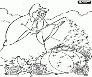 Colorear La hada madrina convierte con su varita m�gica una calabaza en una carroza para llevar a Cenicienta al gran baile del pr�ncipe
