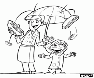 Colorear La lluvia de comida ha llegado, un hombre con paraguas y su hija felices con la lluvia de perritos calientes