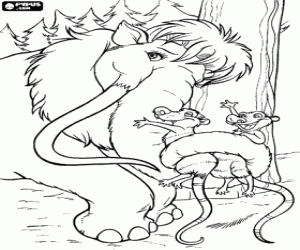 Colorear La mamut lanuda Ellie abrazando con la trompa a las hermanas zarig�eyas Crash y Eddie