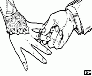 Colorear La mano de la novia con el anillo y la mano del novio, las manos entrelazadas