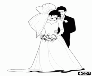 Colorear La novia con su precioso vestido de boda y el novio con su elegante traje