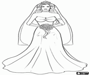 Colorear La novia el d�a de la boda con el vestido largo, el velo con la diadema y el ramo de flores