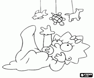 Colorear La peque�a Maggie jugando con un juguete de animales suspendidos: un pez, una tortuga y un perro