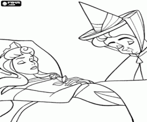 Colorear La Princesa Aurora como una muerta por la maldici�n de la hala mala acompa�ada por una de las hadas buenas